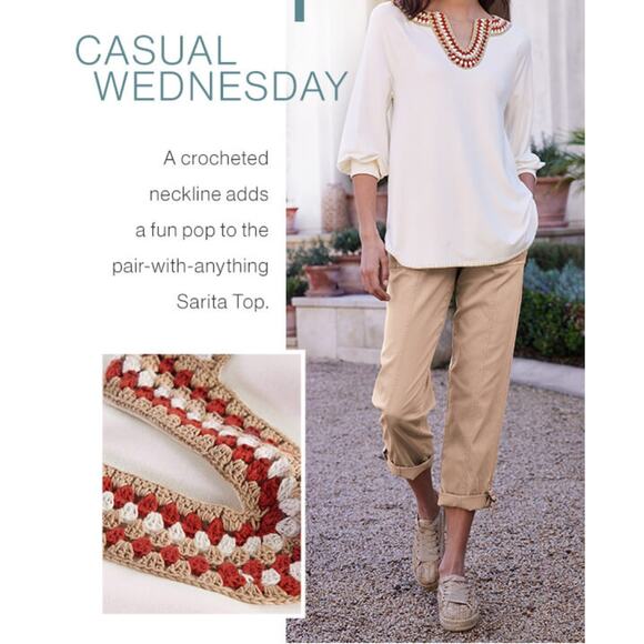 Soft Surroundings | NWT Sarita Top Cream Soft Knit Crochet Neckline 3/4 Sleeve - Picture 11 of 11